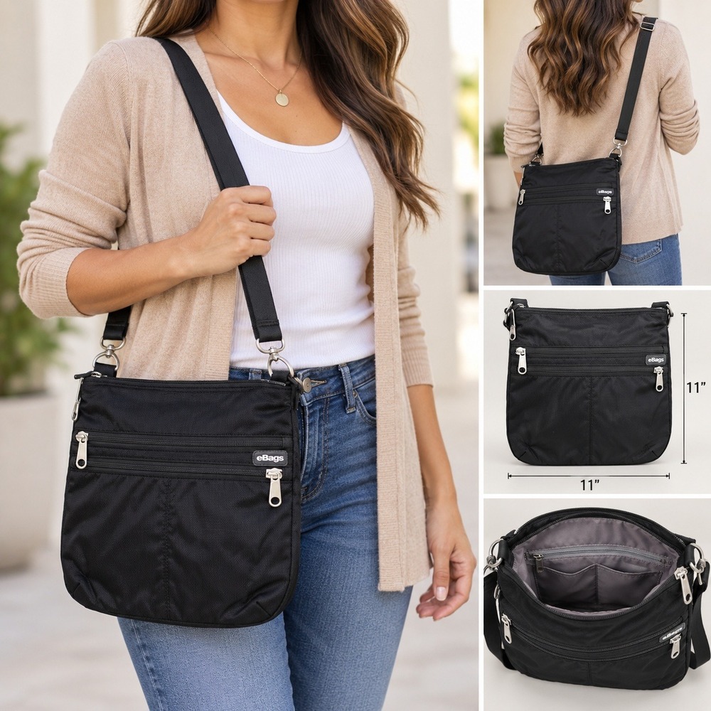 eBags Piazza Day Bag 2.0 Black Nylon Crossbody Travel Purse EB2108-14.5